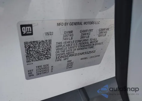 2022 Chevrolet Tahoe 2Wd Rst из США, поврежденный, VIN 1GNSCRKD1NR312553